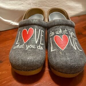 Dansko Gray and Red Mules with Heart Design